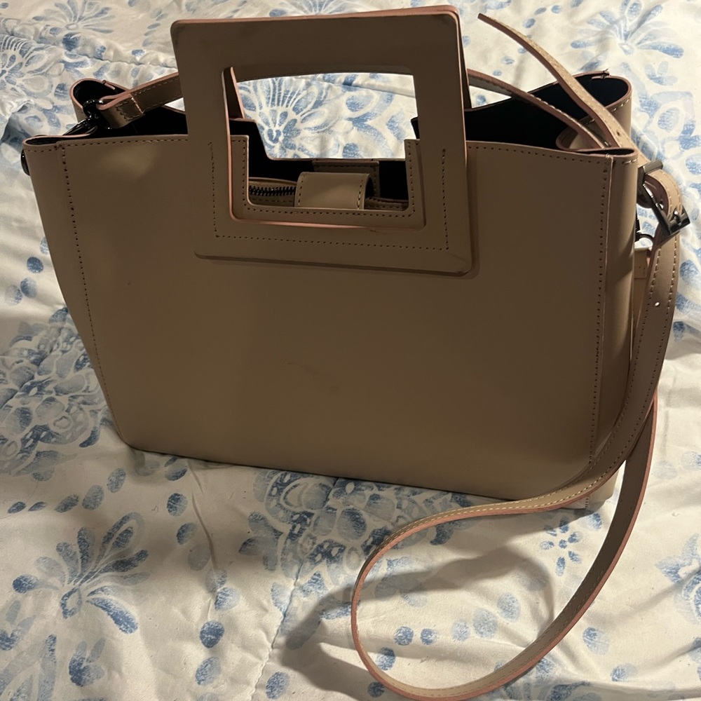 Stylish Beige Satchel with Geometric Handles